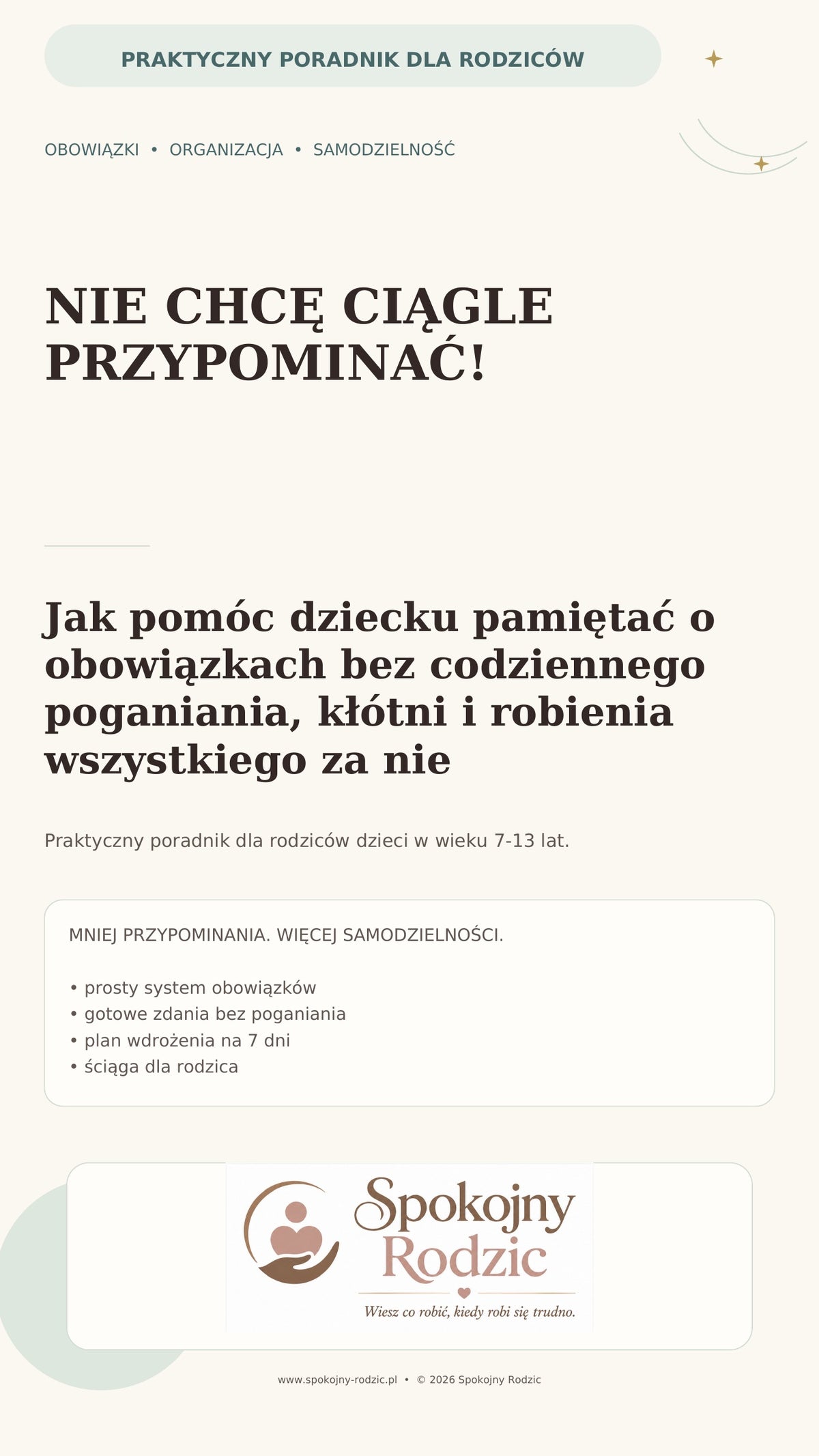 Okładka poradnika: Nie chcę ciągle przypominać! — jak pomóc dziecku pamiętać o obowiązkach bez poganiania